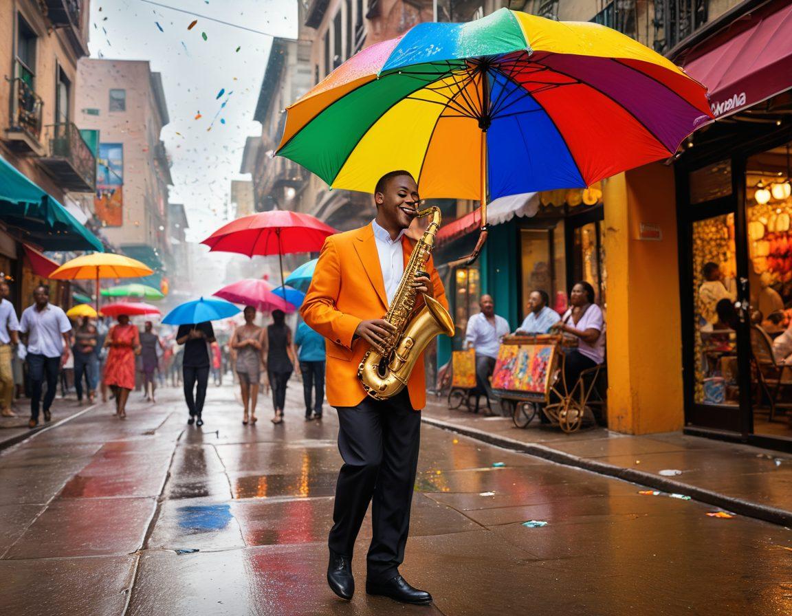 A lively street scene featuring a saxophonist playing joyfully under a colorful umbrella, surrounded by people dancing and smiling, with musical notes floating in the air. In the background, a vibrant cityscape with street vendors and cheerful onlookers creates an atmosphere of celebration. Bright colors and dynamic movement enhance the festive feel. super-realistic. vibrant colors. 3D.