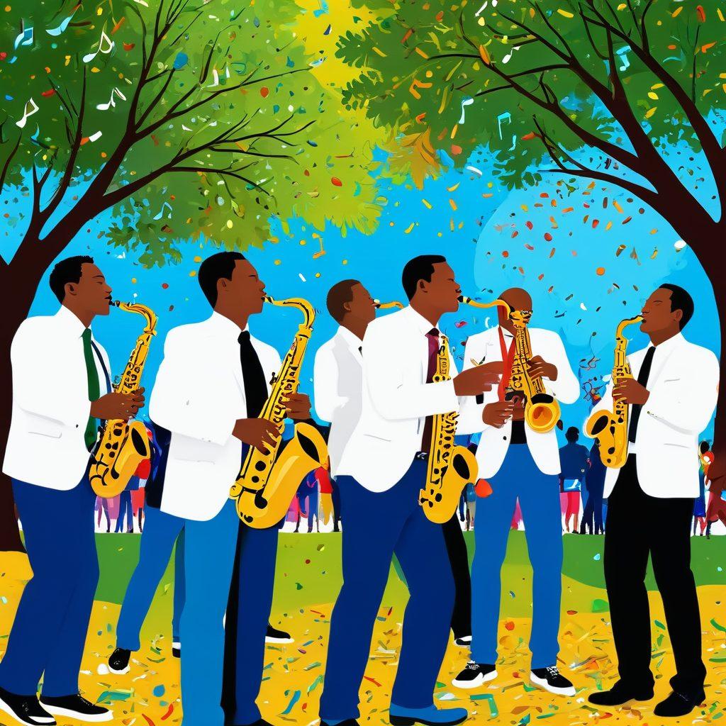 A lively scene of adults joyfully playing saxophones in a colorful park, with splashes of confetti and whimsical musical notes dancing in the air. Portraits of laughter and rhythm blend seamlessly, showcasing a modern twist on classic jazz culture. The backdrop features vivid trees and a bright blue sky, conveying a sense of fun and freedom. bright colors. vector art.