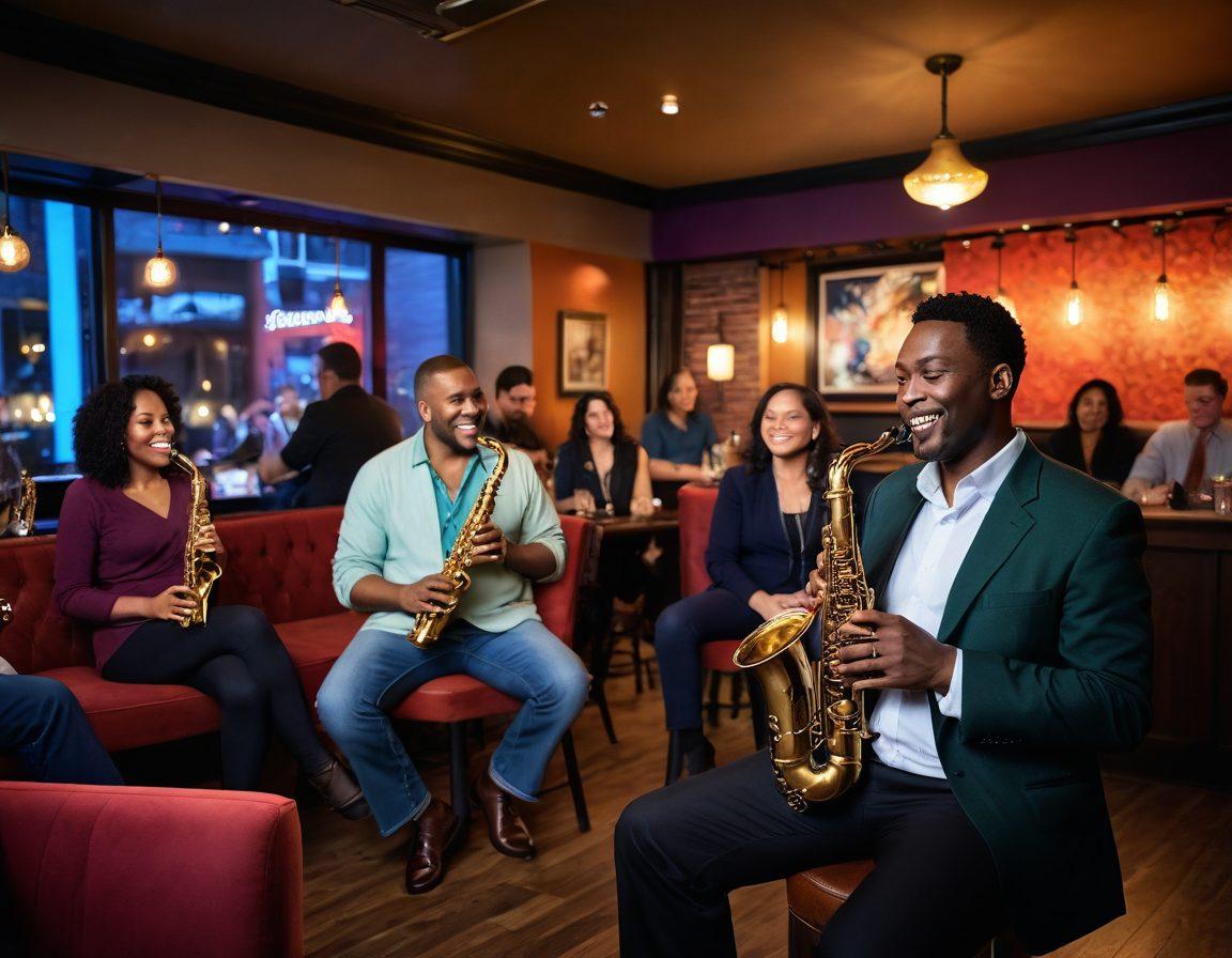 A lively scene featuring a diverse group of adults enjoying a saxophone performance in a cozy jazz lounge, with colorful lights casting a warm glow. The saxophonist, passionately playing, is surrounded by smiling faces, tapping feet, and clinking glasses. Various saxophone videos displayed on screens in the background create an immersive atmosphere of joy and entertainment. The overall vibe should be festive and inviting. vibrant colors. 3D. cozy ambiance.